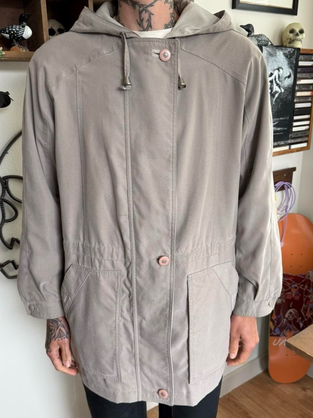 Vintage 90s Taupe Hooded Parka Windbreaker Jacket ~ Size Medium